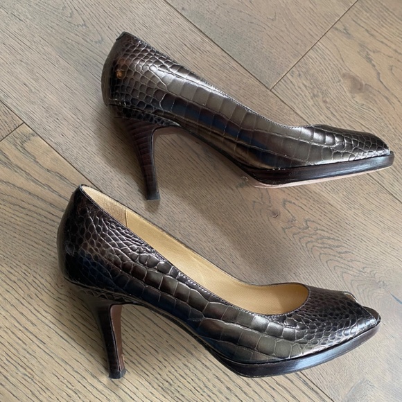 Cole Haan Margo Bronze Croc Peep Toe Heels - Picture 7 of 8